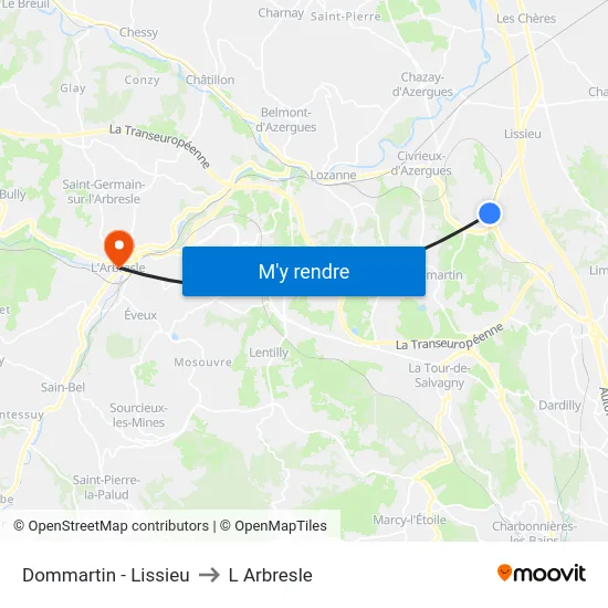 Dommartin - Lissieu to L Arbresle map