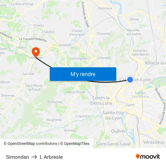 Simondan to L Arbresle map
