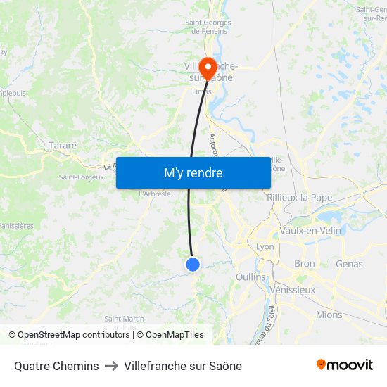 Quatre Chemins to Villefranche sur Saône map