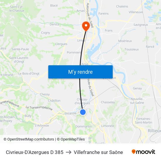 Civrieux-D'Azergues D 385 to Villefranche sur Saône map