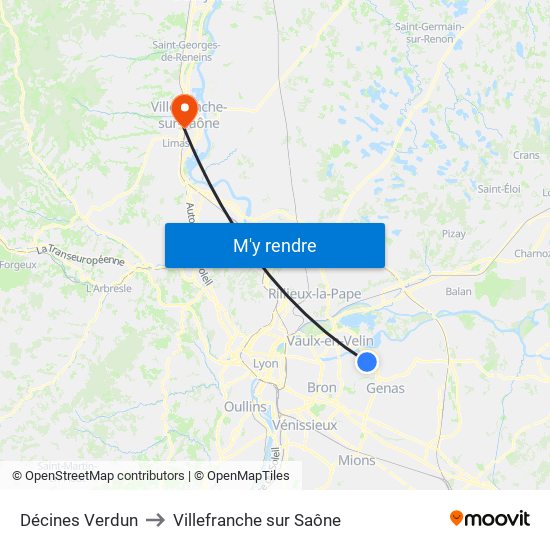 Décines Verdun to Villefranche sur Saône map