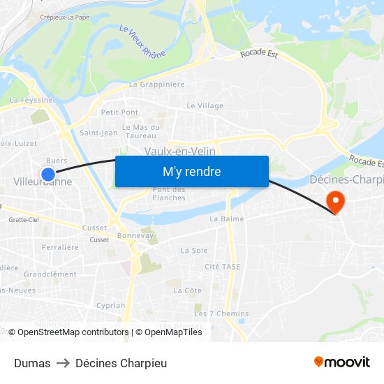 Dumas to Décines Charpieu map