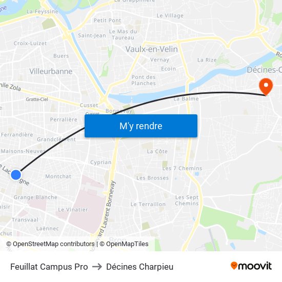 Feuillat Campus Pro to Décines Charpieu map