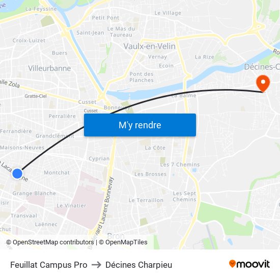 Feuillat Campus Pro to Décines Charpieu map