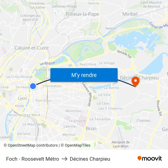 Foch - Roosevelt Métro to Décines Charpieu map