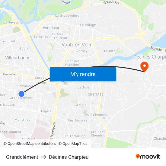 Grandclément to Décines Charpieu map