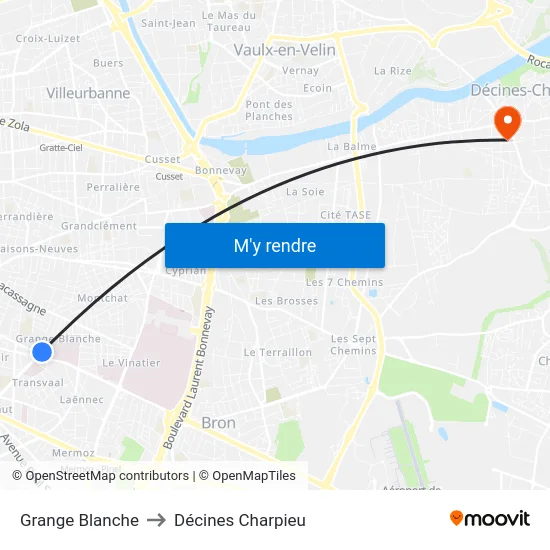 Grange Blanche to Décines Charpieu map