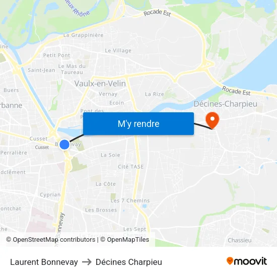 Laurent Bonnevay to Décines Charpieu map
