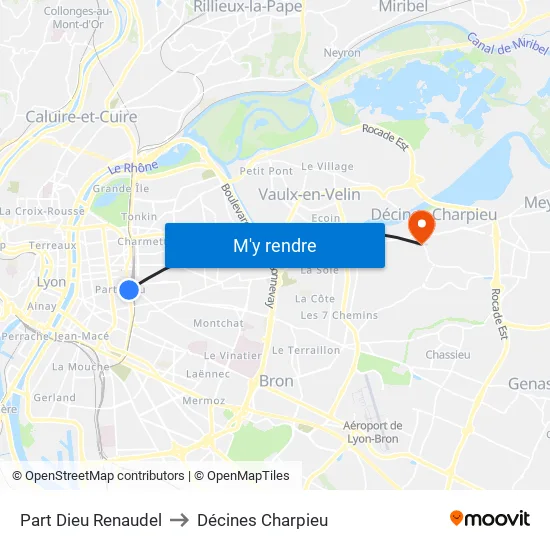 Part-Dieu Renaudel to Décines Charpieu map