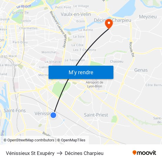 Vénissieux St Exupéry to Décines Charpieu map