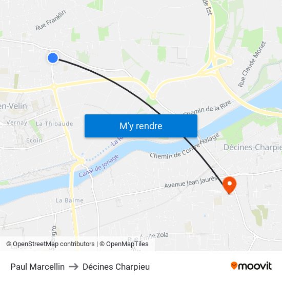 Paul Marcellin to Décines Charpieu map