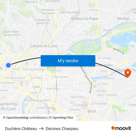 Duchère Château to Décines Charpieu map