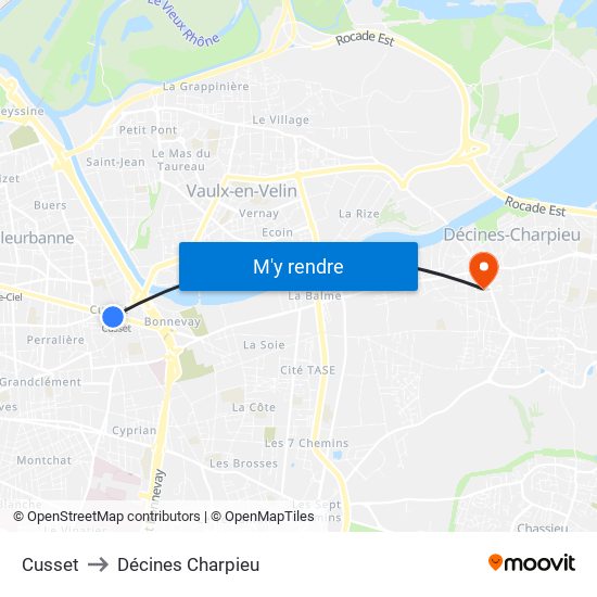 Cusset to Décines Charpieu map