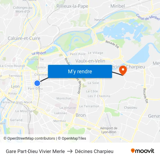 Gare Part-Dieu Vivier Merle to Décines Charpieu map