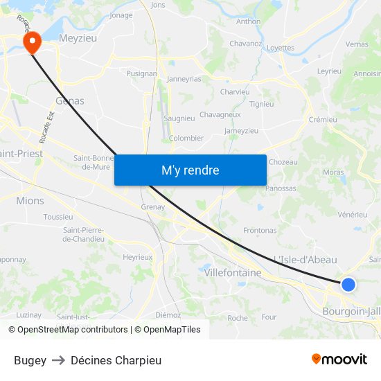 Bugey to Décines Charpieu map