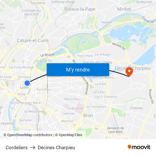 Cordeliers to Décines Charpieu map