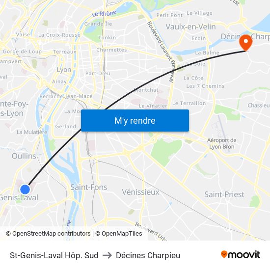 St-Genis-Laval Hôp. Sud to Décines Charpieu map