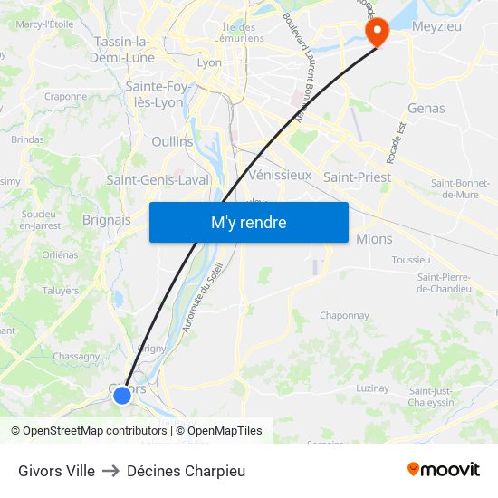 Givors Ville to Décines Charpieu map