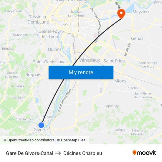 Gare De Givors-Canal to Décines Charpieu map