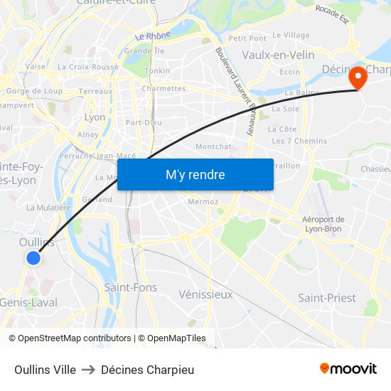 Oullins Ville to Décines Charpieu map