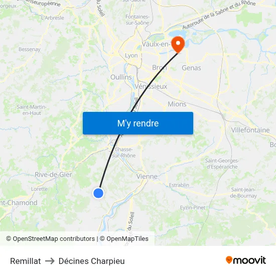 Remillat to Décines Charpieu map