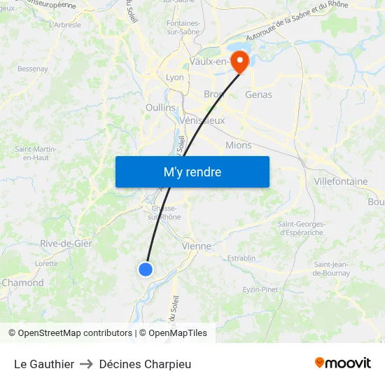 Le Gauthier to Décines Charpieu map