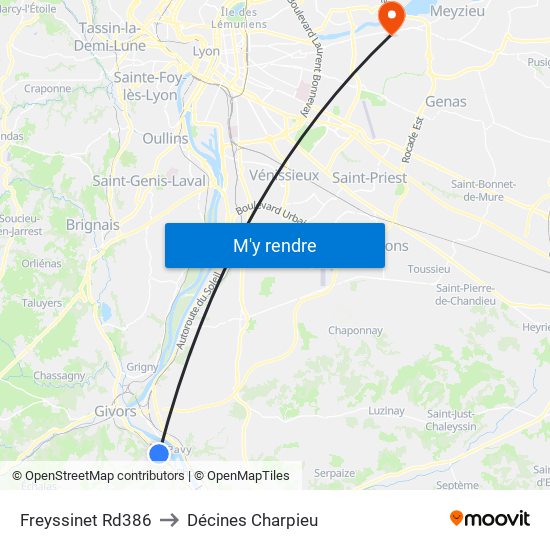 Freyssinet Rd386 to Décines Charpieu map