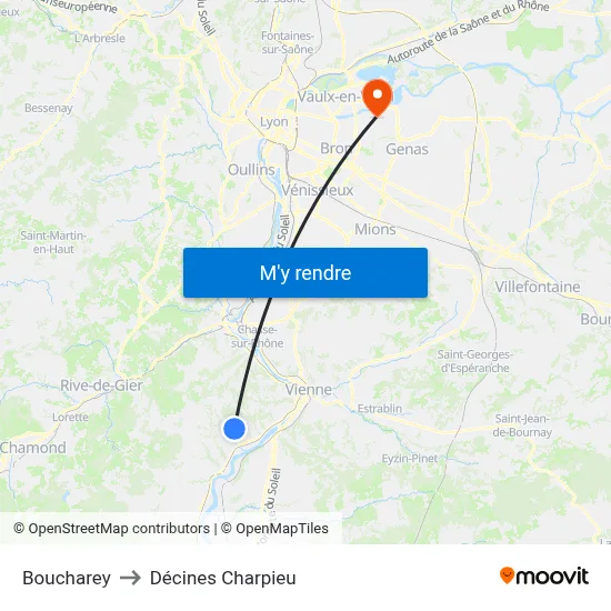 Boucharey to Décines Charpieu map