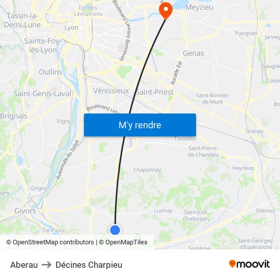 Aberau to Décines Charpieu map