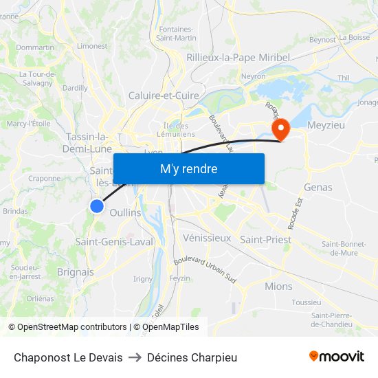 Chaponost Le Devais to Décines Charpieu map