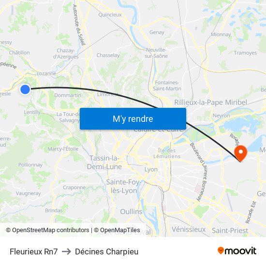 Fleurieux Rn7 to Décines Charpieu map