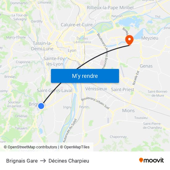 Brignais Gare to Décines Charpieu map