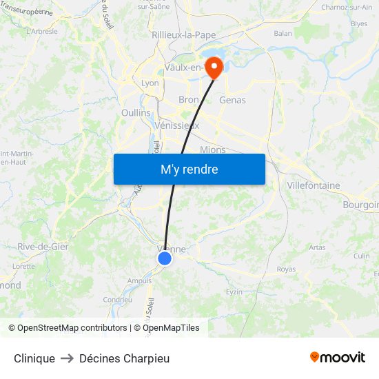 Clinique to Décines Charpieu map