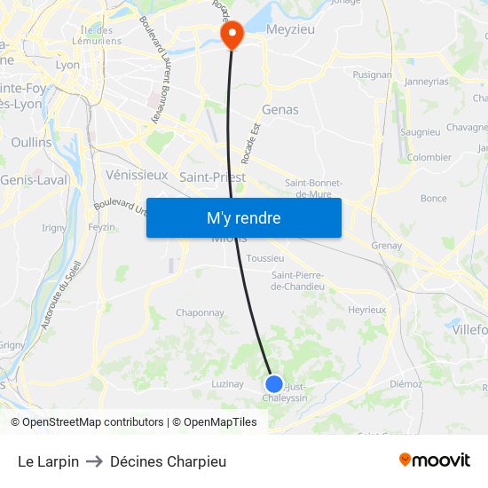 Le Larpin to Décines Charpieu map