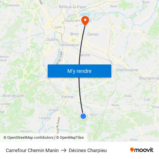 Carrefour Chemin Manin to Décines Charpieu map