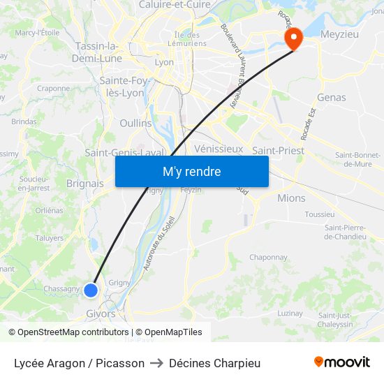 Lycée Aragon / Picasson to Décines Charpieu map