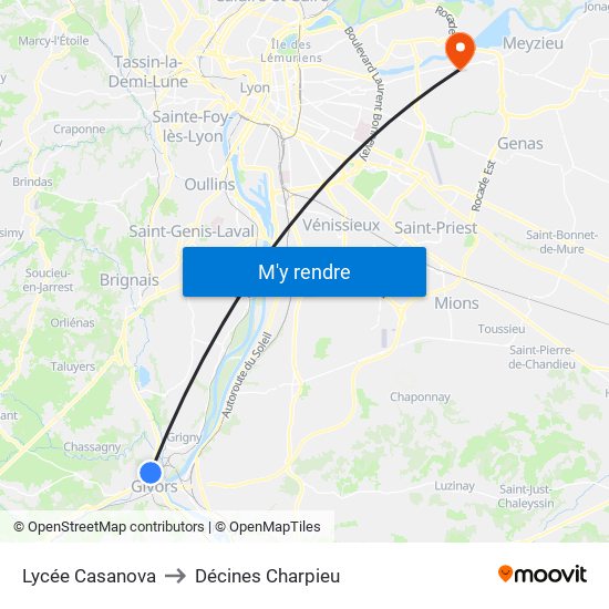 Lycée Casanova to Décines Charpieu map