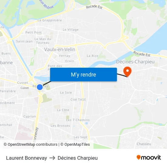 Laurent Bonnevay to Décines Charpieu map