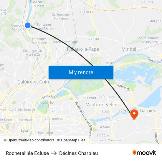 Rochetaillée Ecluse to Décines Charpieu map