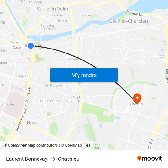 Laurent Bonnevay to Chassieu map