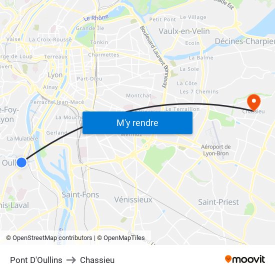 Pont D'Oullins to Chassieu map
