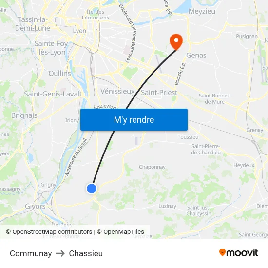 Communay to Chassieu map