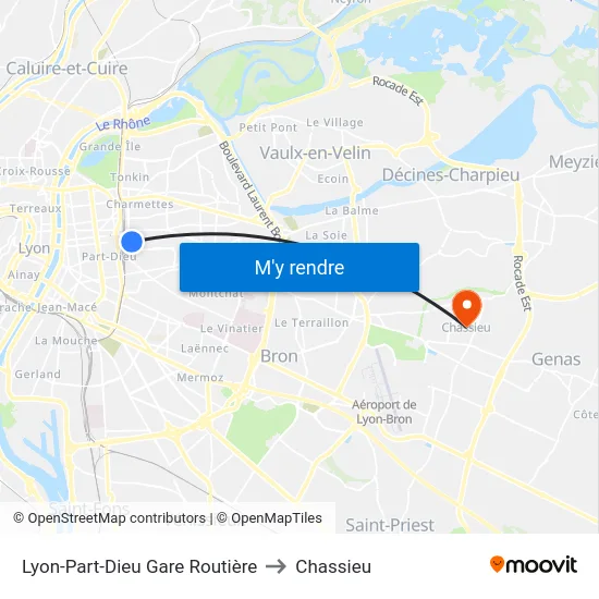 Lyon-Part-Dieu Gare Routière to Chassieu map