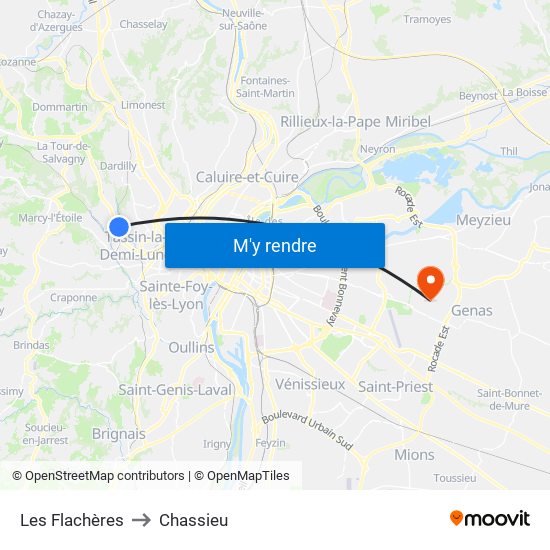 Les Flachères to Chassieu map