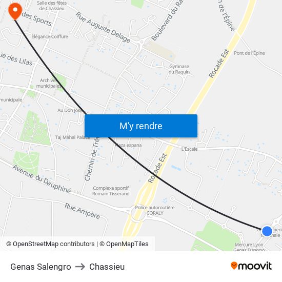 Genas Salengro to Chassieu map