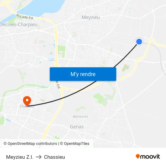 Meyzieu Z.I. to Chassieu map