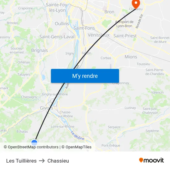 Les Tuillières to Chassieu map