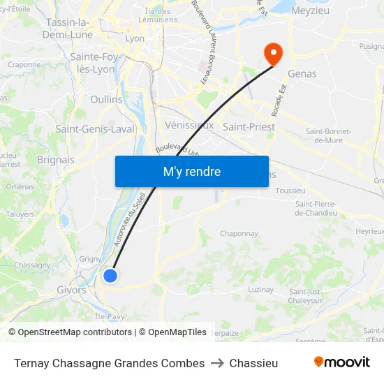 Ternay Chassagne Grandes Combes to Chassieu map