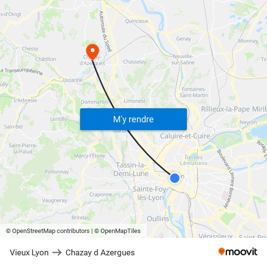 Vieux Lyon to Chazay d Azergues map