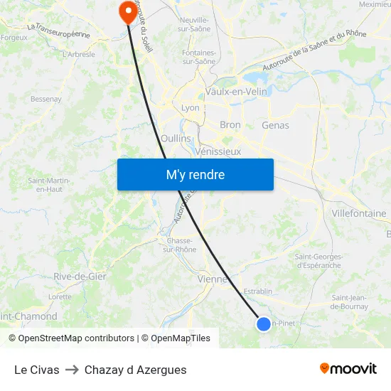 Le Civas to Chazay d Azergues map